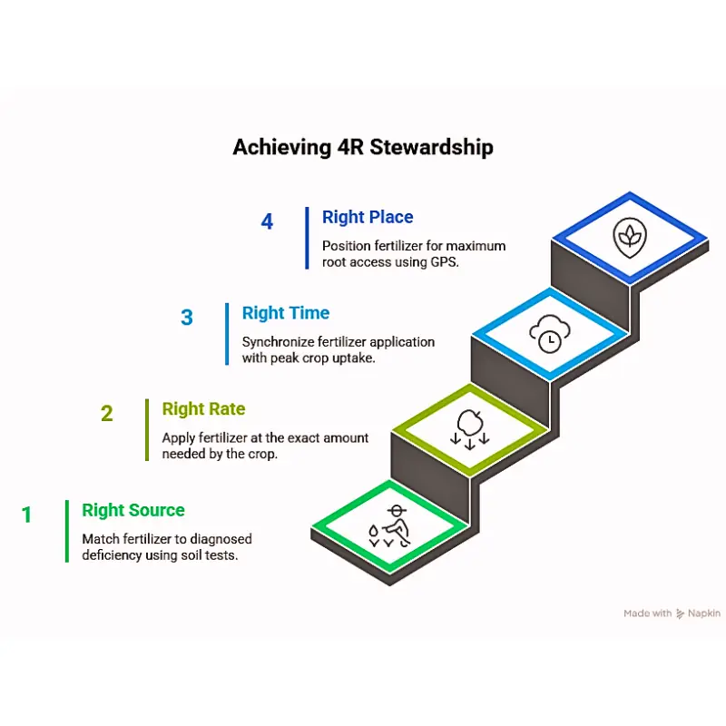 4r-fertilizer-stewardship-blockchain Step diagram showing Right Source, Right Rate, Right Time, and Right Place principles in fertilizer management, each with icons and descriptions