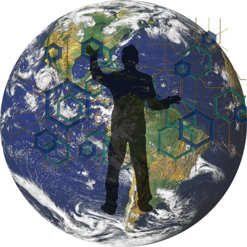 blockchain-agrodata-platform-challenges Silhouette of a person over Earth with blockchain network graphics, symbolizing the global complexity and technical challenges in building a blockchain agrodata platform.