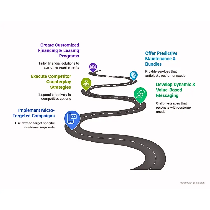 blockchain-sales-marketing-roadmap Illustrated winding road with five milestones representing blockchain-based sales and marketing strategies, including micro-targeting, competitor counterplay, predictive maintenance, dynamic messaging, and customized financing