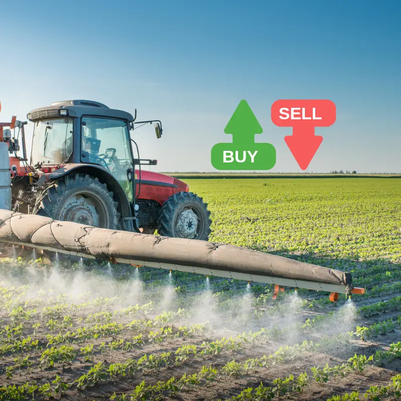 crop-spraying-blockchain-trading-future Tractor spraying crops with BUY and SELL icons representing future blockchain-enabled agricultural trading decisions