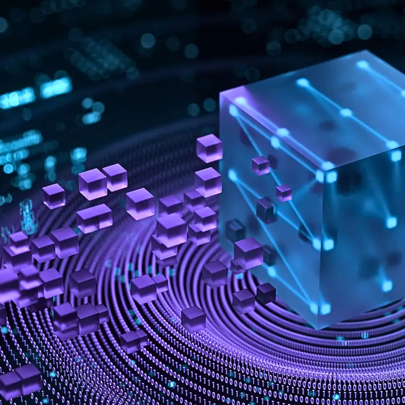 data-driven-marketing-revolution Abstract cube with interconnected nodes and surrounding purple cubes, symbolizing data collection, processing, and distribution in digital marketing