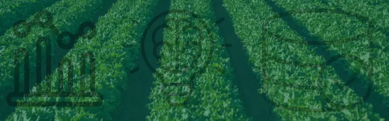 farm-data-blockchain-trading Rows of green crops with overlay icons representing data analytics, innovation, and blockchain technology.