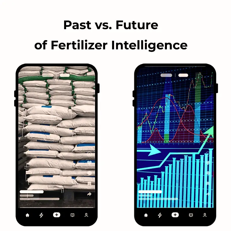 fertilizer-intelligence-traditional-vs-digital-agriculture Image comparing traditional stacked fertilizer bags with a digital farm analytics dashboard, highlighting the evolution of fertilizer intelligence from manual input tracking to data-driven decision-making