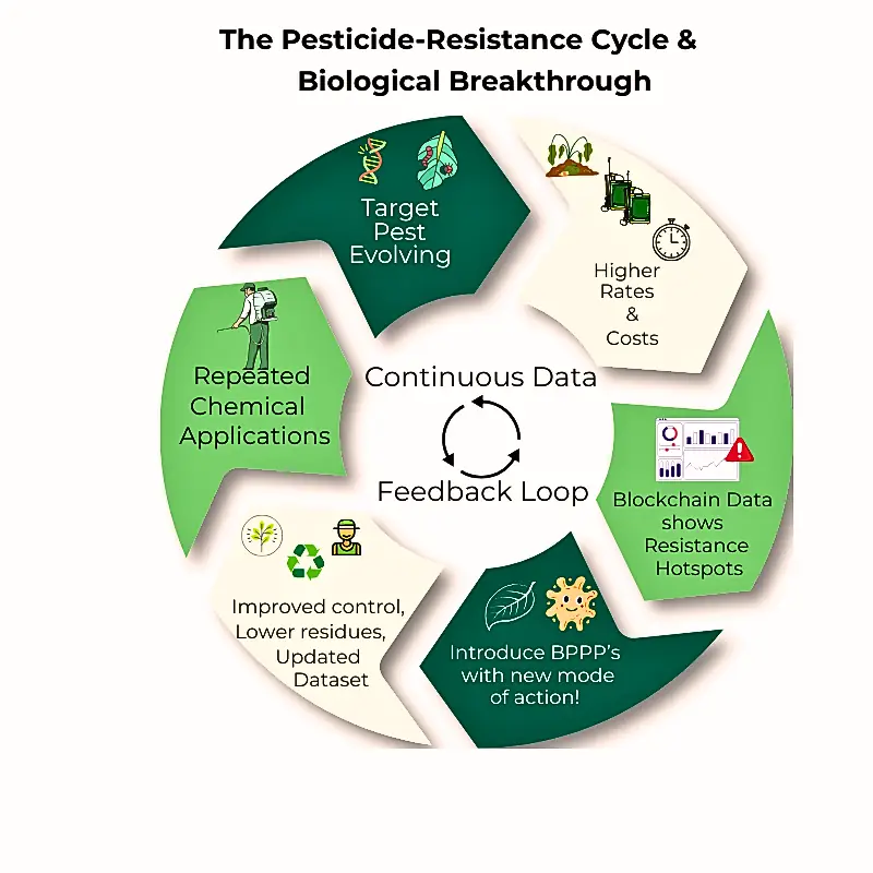 pesticide-resistance-cycle-blockchain-loop Circular diagram showing how blockchain data helps track pesticide resistance and guide biological interventions for improved farm outcomes