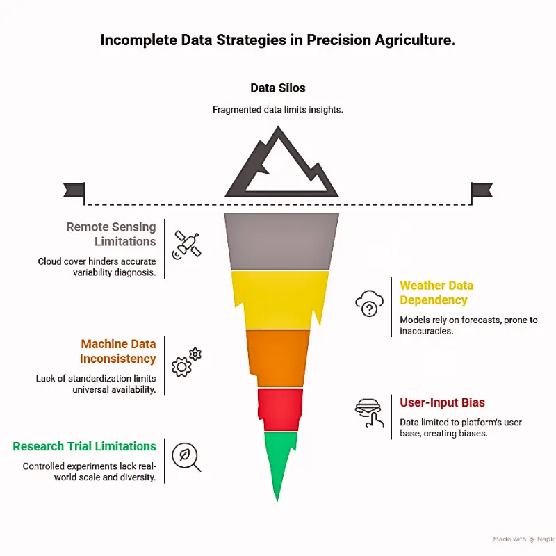 precision-agriculture-data-limitations Funnel diagram showing limitations in current precision agriculture data strategies, including data silos, remote sensing issues, weather dependency, machine data inconsistency, user bias, and limited research trials