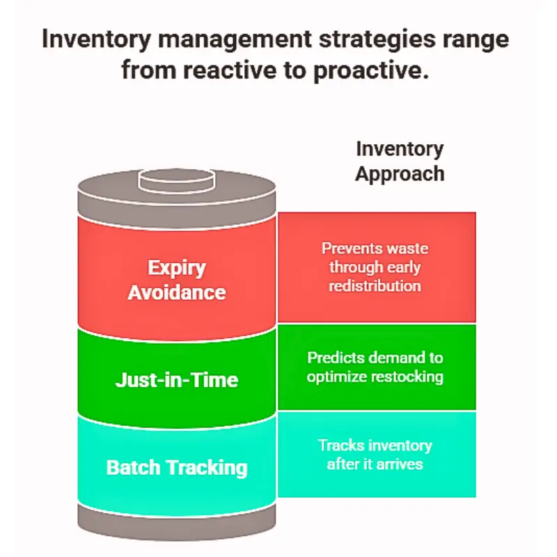 proactive-inventory-management-with-farm-data-blockchain An infographic of a battery illustrating how inventory management becomes more proactive, moving from batch tracking to just-in-time restocking, when companies monetize farm data with blockchain.