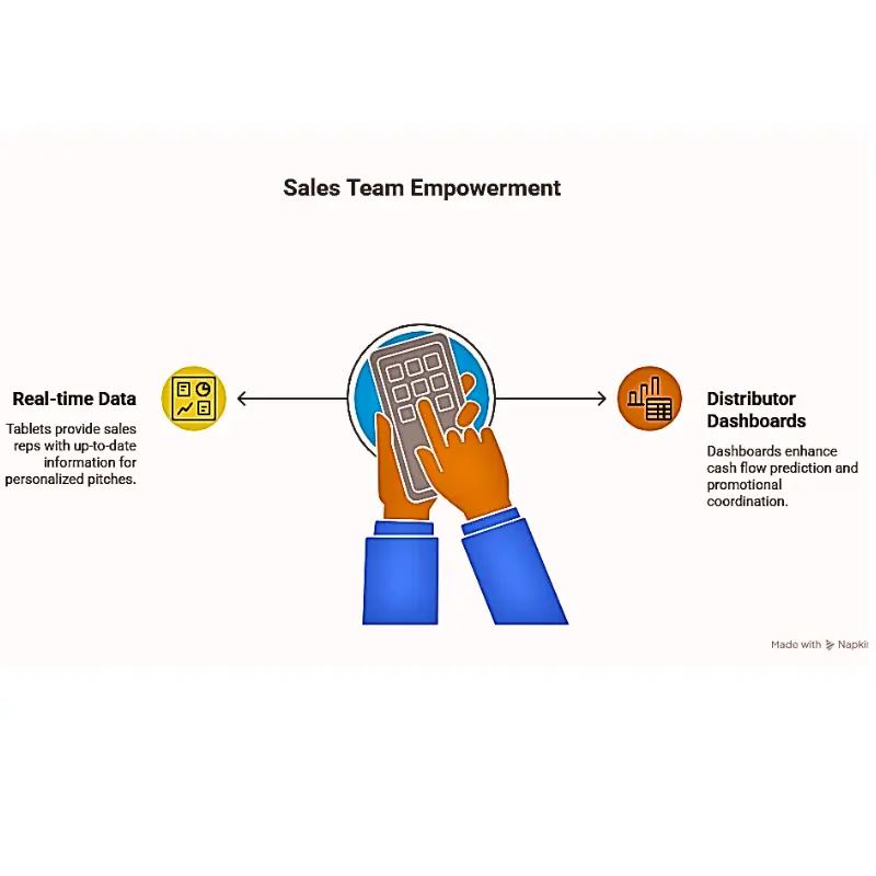 sales-team-empowerment-monetize-farm-data-blockchain An infographic on sales team empowerment, showing how real-time data helps sales reps and creates distributor dashboards when companies monetize farm data with blockchain.