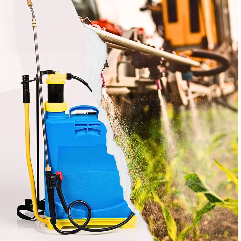 sprayer-equipment-data-blockchain Side-by-side view of manual knapsack sprayer and tractor-mounted crop sprayer, illustrating the range of spraying equipment used in modern agriculture