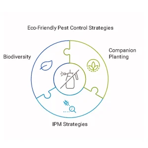 Infographic showing eco-friendly pest control strategies including companion planting, biodiversity, and integrated pest management
