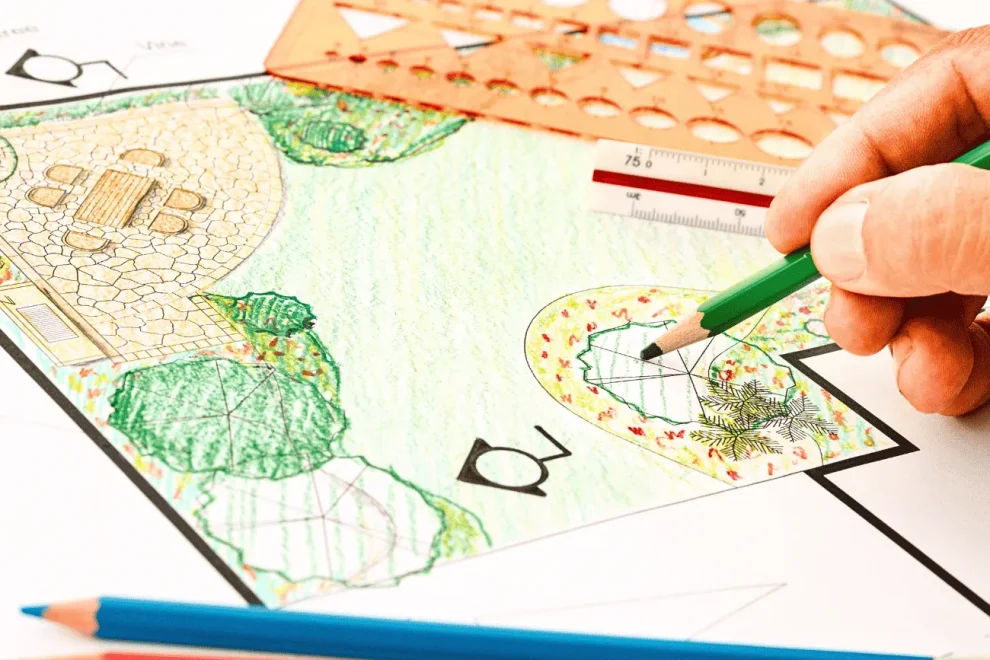Hand drawing an efficient small garden layout with trees, patio, and planting zones