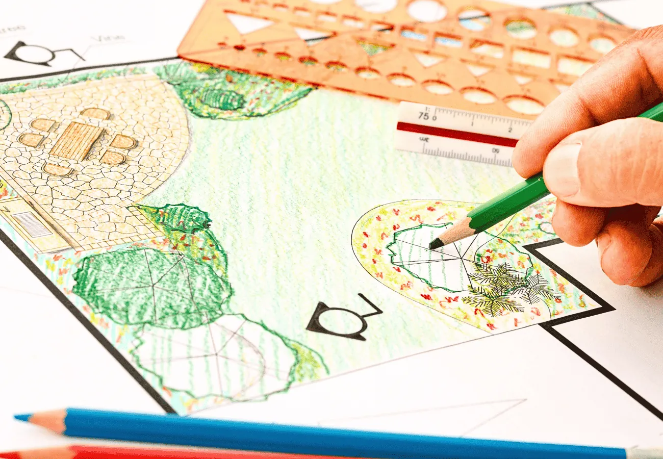 efficient-small-garden-layout-design Hand drawing an efficient small garden layout with trees, patio, and planting zones