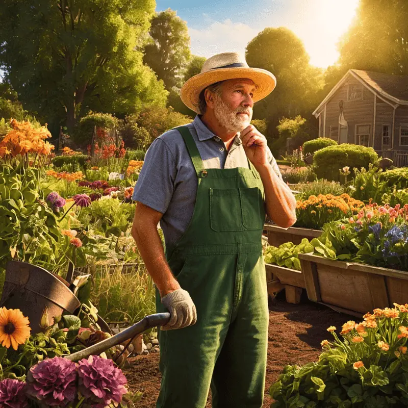 Illustration of a thoughtful gardener standing among vibrant raised beds and flowers, used for a quiz on small vegetable garden layout styles