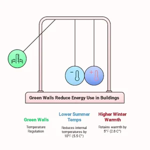 Infographic showing how green walls reduce building energy use by lowering summer temperatures and increasing winter warmth