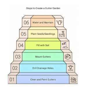 Six illustrated steps to create a gutter garden, including cleaning, drilling, mounting, filling, planting, and maintaining gutters as a vertical gardening technique