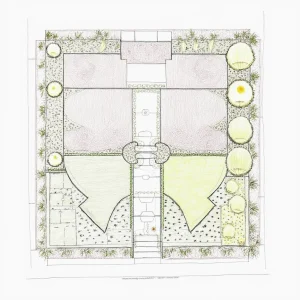Symmetrical sketch of a small garden layout with planting zones, pathways, and patio areas