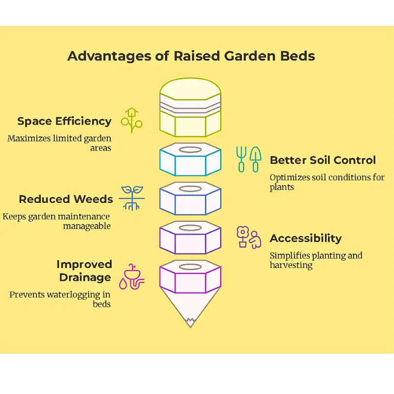 advantages-of-raised-beds-for-small-urban-gardens Infographic showing advantages of raised garden beds including space efficiency, better soil control, reduced weeds, improved drainage, and easier accessibility