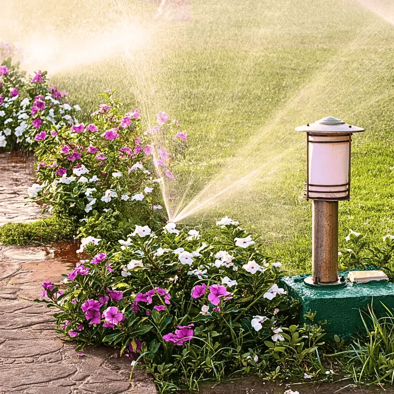 Sprinklers watering flower beds along a paved garden path with integrated lighting—showcasing efficient, space-saving irrigation in small gardens.