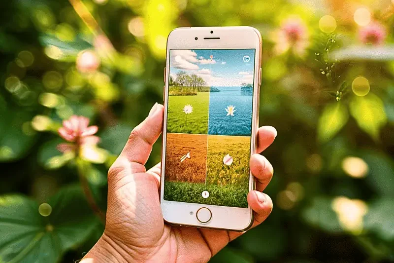 smart-gardening-gadgets-app-planner Hand holding a smartphone with a garden planning app interface, set against a lush green background—illustrating modern smart gardening gadgets.
