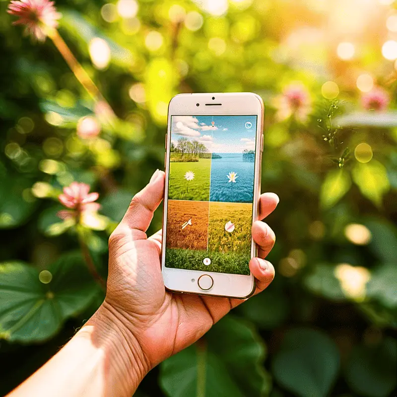 smart-gardening-gadgets-app-planner Hand holding a smartphone with a garden planning app interface, set against a lush green background—illustrating modern smart gardening gadgets.