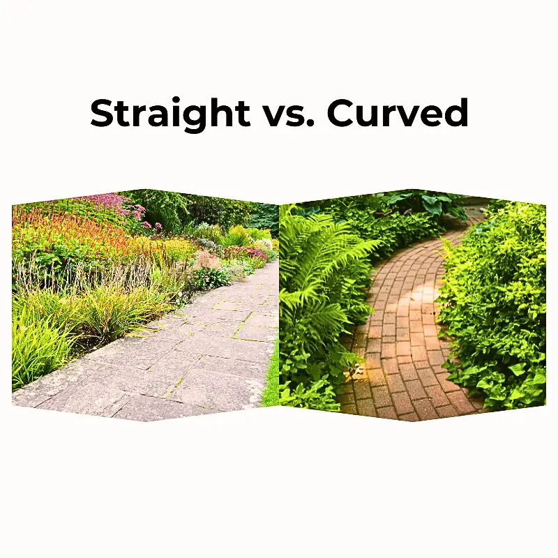 Side-by-side comparison of straight and curved garden path designs surrounded by lush plantings—ideal reference for space-saving garden path ideas.