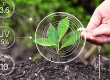 Hand watering a young plant with futuristic tech overlays measuring temperature, UV, and water — representing smart gardening