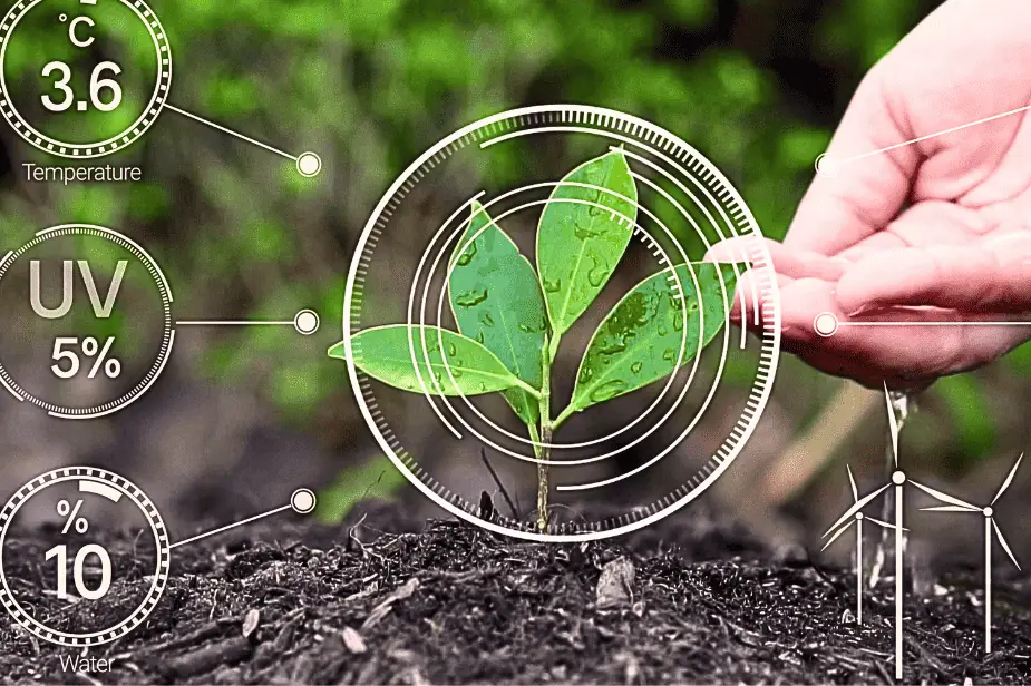 Hand watering a young plant with futuristic tech overlays measuring temperature, UV, and water — representing smart gardening