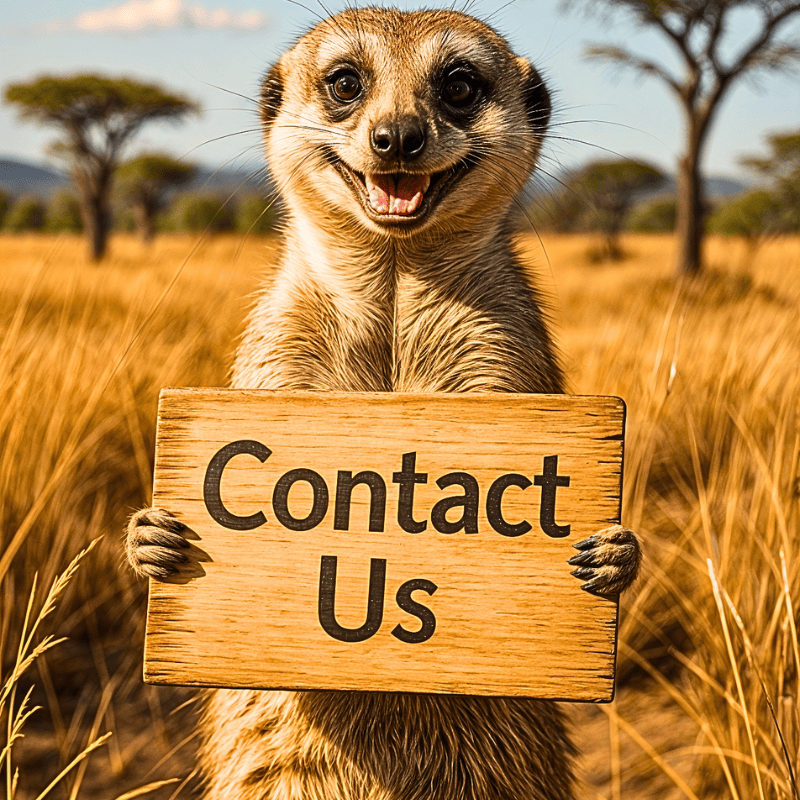 Smiling meerkat in savanna holding a "Contact Us" sign, perfect for GardenAgroTech contact page in a natural agricultural setting.