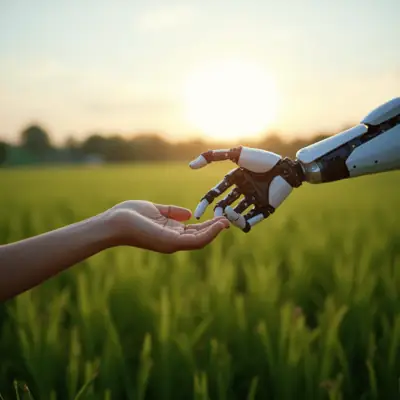 Human and robotic hands meeting over crop field demonstrating precision agriculture technology and AI farming innovation