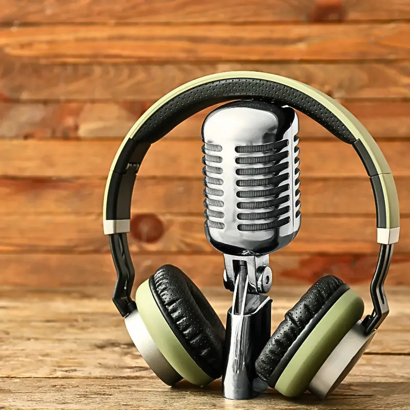 monetize-farm-data-with-blockchain-podcast Vintage microphone and headphones on wooden table symbolizing podcast on how to monetize farm data with blockchain