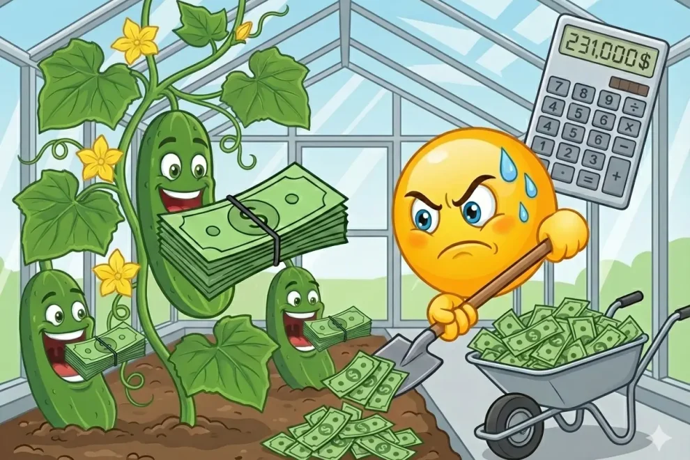 Greenhouse cucumbers being fed money - what does one cucumber really cost in controlled production? Free calculator shows per plant, per kg, single costs.