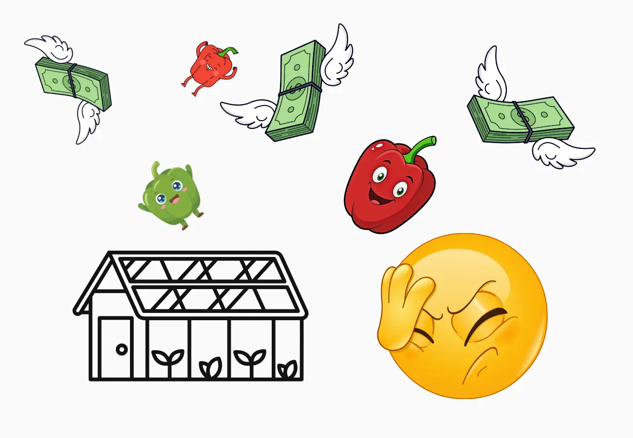 Greenhouse pepper cost calculator icon with glass greenhouse structure and various peppers