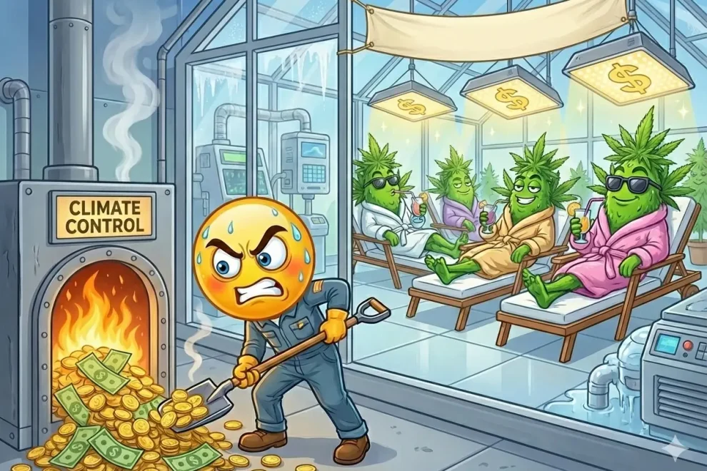 Cartoon indoor cannabis grow room showing climate control burning money, highlighting the need for an indoor cannabis cost calculator for profit and pricing.