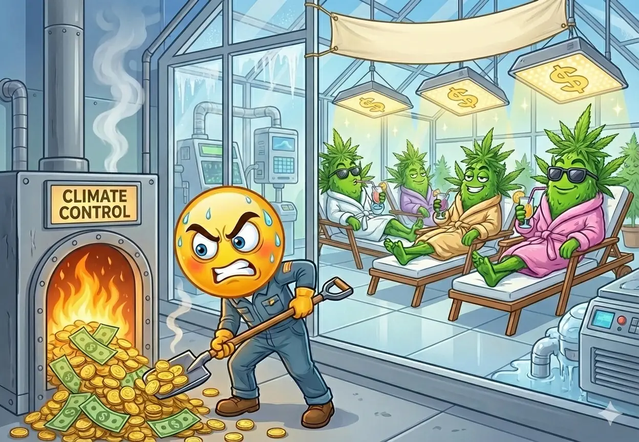 Cartoon indoor cannabis grow room showing climate control burning money, highlighting the need for an indoor cannabis cost calculator for profit and pricing.