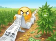 Cartoon open-field cannabis crop with a long expense receipt showing “Total: High Cost”.