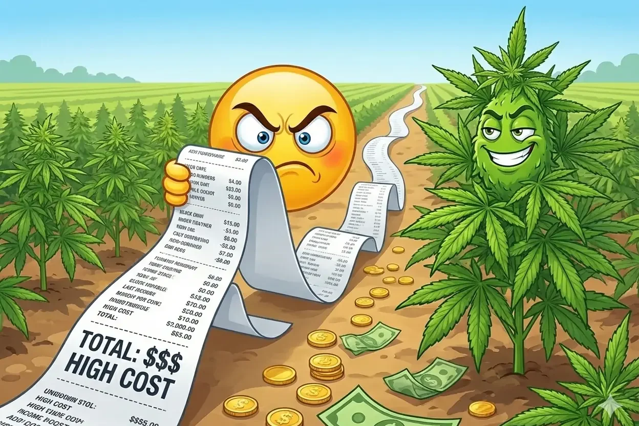 Cartoon open-field cannabis crop with a long expense receipt showing “Total: High Cost”.