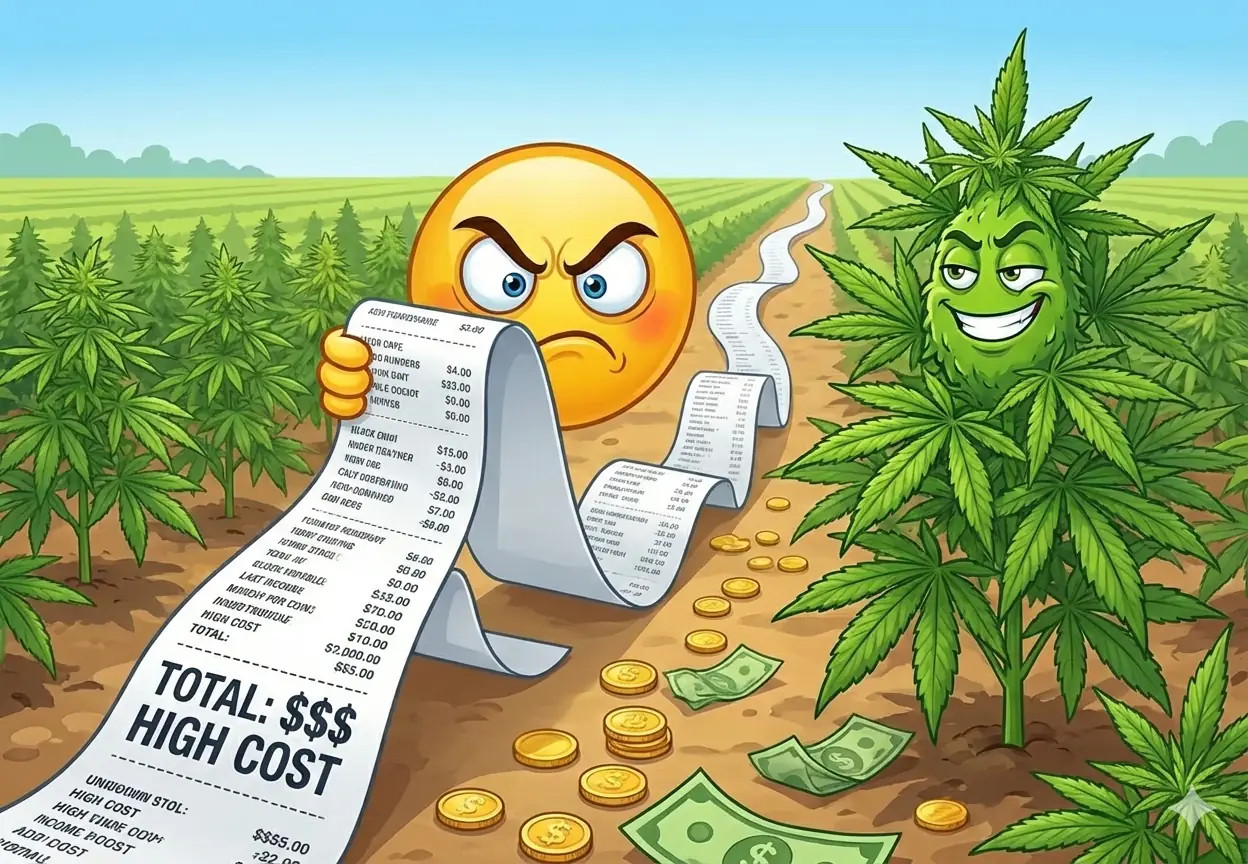Cartoon open-field cannabis crop with a long expense receipt showing “Total: High Cost”.
