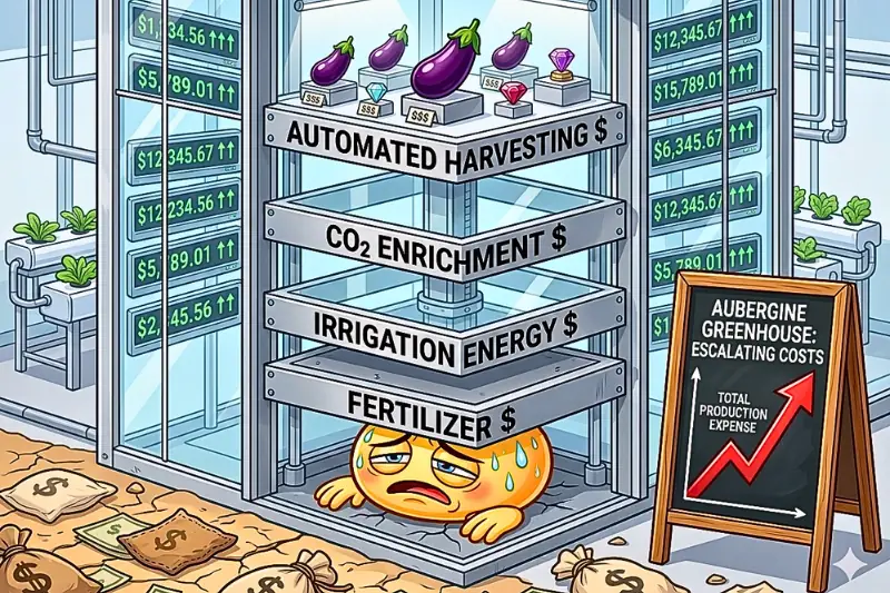Illustration of rising greenhouse eggplant production costs, showing fertilizer, irrigation energy, CO2 enrichment, and automated harvesting expenses increasing total aubergine production cost.