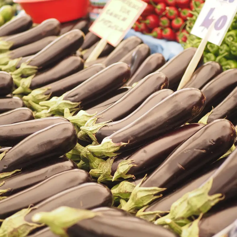 greenhouse_eggplant_production_cost_calculator_market_pricing Fresh eggplants displayed at market, illustrating the product, pricing, and selling-unit side of a greenhouse eggplant production cost calculator.
