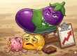 Illustration of an aubergine weighing down a stressed face and broken piggy bank, symbolizing rising eggplant production costs and profit planning in open field farming.