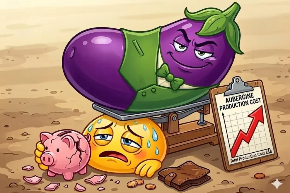 Illustration of an aubergine weighing down a stressed face and broken piggy bank, symbolizing rising eggplant production costs and profit planning in open field farming.