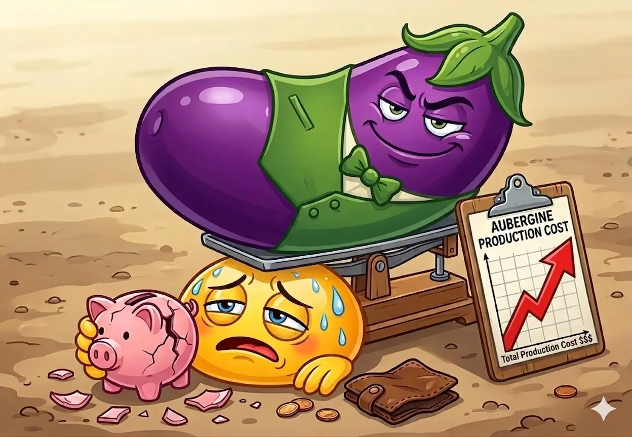 Illustration of an aubergine weighing down a stressed face and broken piggy bank, symbolizing rising eggplant production costs and profit planning in open field farming.