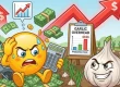Cartoon hero image for a garlic growing cost calculator showing a distressed yellow emoji holding a calculator while a smug garlic bulb grins beside a rising garlic overhead cost chart in an open field.
