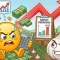 Cartoon hero image for a garlic growing cost calculator showing a distressed yellow emoji holding a calculator while a smug garlic bulb grins beside a rising garlic overhead cost chart in an open field.