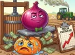 Cartoon hero image for an onion growing cost calculator showing a large purple onion and a distressed yellow emoji character representing frustration over rising growing costs in an open field.