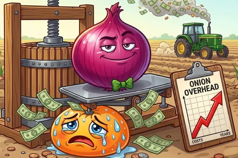 Cartoon hero image for an onion growing cost calculator showing a large purple onion and a distressed yellow emoji character representing frustration over rising growing costs in an open field.