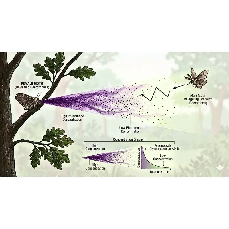sex-pheromone-plume-moth-navigation Diagram showing a female moth releasing a sex pheromone plume and a male moth flying upwind along the concentration gradient