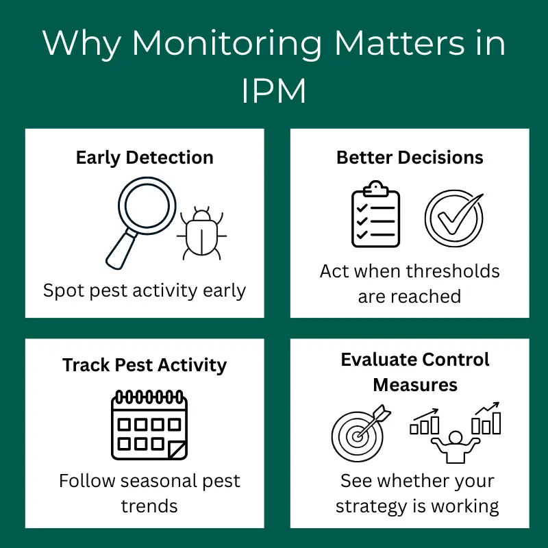 why-monitoring-matters-in-ipm-infographic Infographic showing four benefits of monitoring in IPM: early detection, better decisions, tracking pest activity, and evaluating control measures