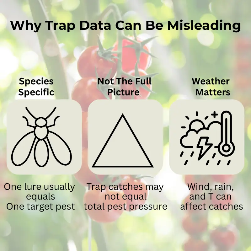 why-trap-data-can-be-misleading-infographic Infographic showing three limitations of pheromone monitoring: species-specific trapping, incomplete picture of pest pressure, and weather effects on trap catches