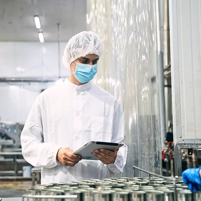 food-processing-hygiene-cleaning-inspection Food processing worker inspecting hygiene and cleaning conditions, showing why cleaning chemicals need the right sprayer and seal compatibility