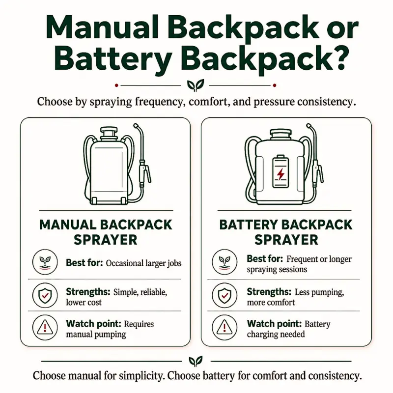manual-vs-battery-backpack-sprayer-infographic Infographic comparing manual backpack sprayers and battery backpack sprayers by spraying frequency, comfort, pressure consistency, and key trade-offs